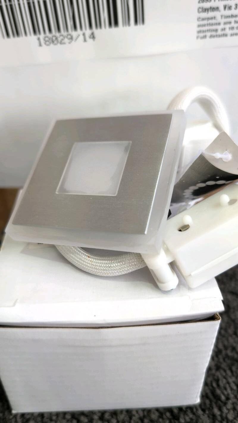 NEW BOX OF 50 QTY LIMA SQUARE DOWN LIGHT OR STAIR LIGHT, ALUMINIUM & ACRYLIC, RRP$58 EACH, LIMA 3S-AL83 NEW BOX OF 50 QTY LIMA SQUARE DOWN LIGHT OR STAIR LIGHT, ALUMINIUM & ACRYLIC, RRP$58 EACH, LIMA 3S-AL83