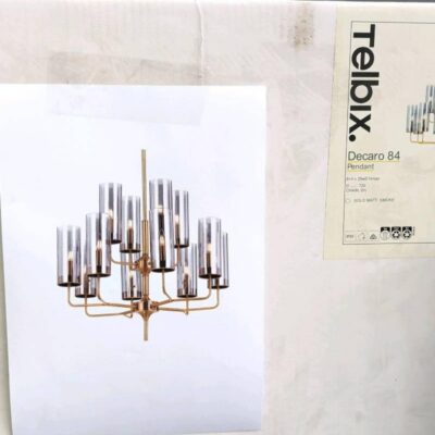 NEW DECARO 12 LIGHT MODERN CHANDELIER, GOLD FRAME & SMOKE GLASS, RRP$2199 DECARO PE84-GD