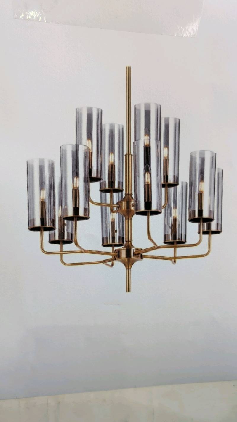 NEW DECARO 12 LIGHT MODERN CHANDELIER, GOLD FRAME & SMOKE GLASS, RRP$2199 DECARO PE84-GD NEW DECARO 12 LIGHT MODERN CHANDELIER, GOLD FRAME & SMOKE GLASS, RRP$2199 DECARO PE84-GD
