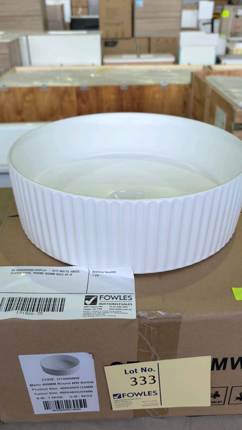 EX SHOWROOM DISPLAY - OTTI MATTE WHITE FLUTED BOWL, ROUND 400MM SOLD AS IS EX SHOWROOM DISPLAY - OTTI MATTE WHITE FLUTED BOWL, ROUND 400MM SOLD AS IS