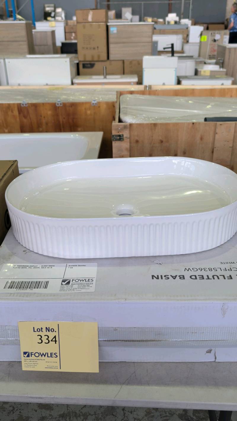 EX SHOWROOM DISPLAY - GLOSS WHITE FLUTED BOWL, PILL SHAPE, SOLD AS IS EX SHOWROOM DISPLAY - GLOSS WHITE FLUTED BOWL, PILL SHAPE, SOLD AS IS
