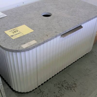 EX SHOWROOM DISPLAY - TIMBERLINE SANTOS 900MM WALL HUNG VANITY, WHITE FLUTED CABINET WITH STONE TOP RRP$2651