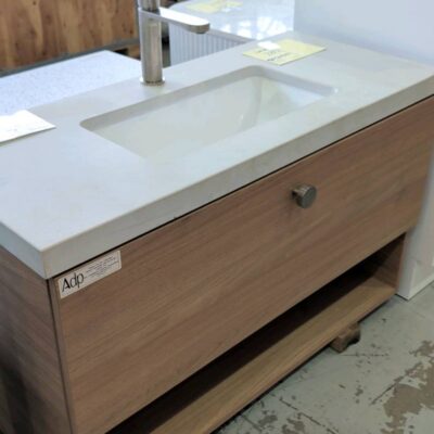 EX SHOWROOM DISPLAY - GLACIER ENSUITE 900MM SLIM WALL HUNG VANITY, WITH OPEN SHELF, TASMANANIAN OAK, WITH STONE TOP & BRUSHED NIKEL TAP, SOLD AS IS EX SHOWROOM DISPLAY - GLACIER ENSUITE 900MM SLIM WALL HUNG VANITY, WITH OPEN SHELF, TASMANANIAN OAK, WITH STONE TOP & BRUSHED NIKEL TAP, SOLD AS IS