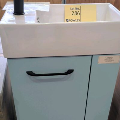 EX SHOWROOM DISPLAY - TIMBERLINE 480MM POWDER ROOM VANITY, DUCK EGG BLUE, WITH VANITY TOP & TAP, SOLD AS IS EX SHOWROOM DISPLAY - TIMBERLINE 480MM POWDER ROOM VANITY, DUCK EGG BLUE, WITH VANITY TOP & TAP, SOLD AS IS