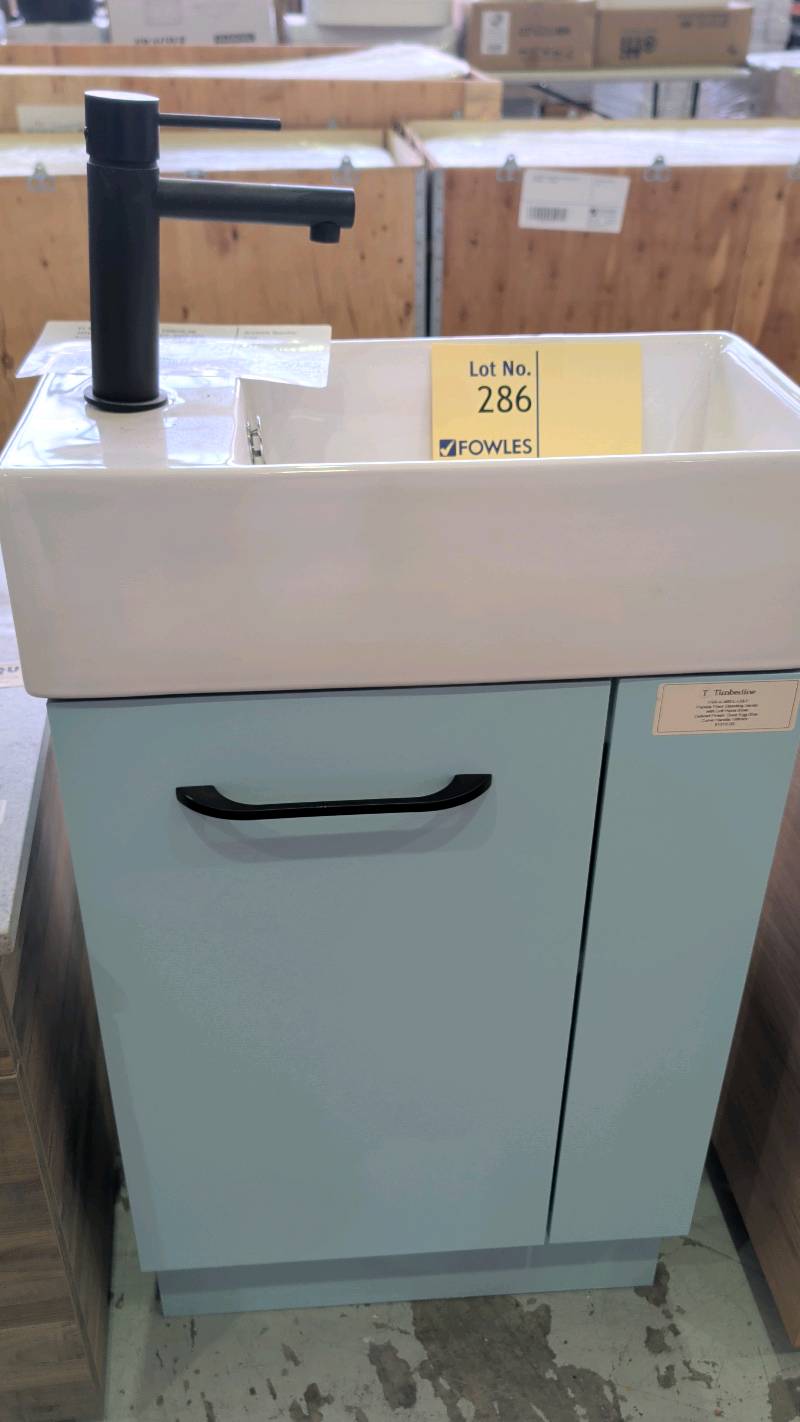 EX SHOWROOM DISPLAY - TIMBERLINE 480MM POWDER ROOM VANITY, DUCK EGG BLUE, WITH VANITY TOP & TAP, SOLD AS IS EX SHOWROOM DISPLAY - TIMBERLINE 480MM POWDER ROOM VANITY, DUCK EGG BLUE, WITH VANITY TOP & TAP, SOLD AS IS