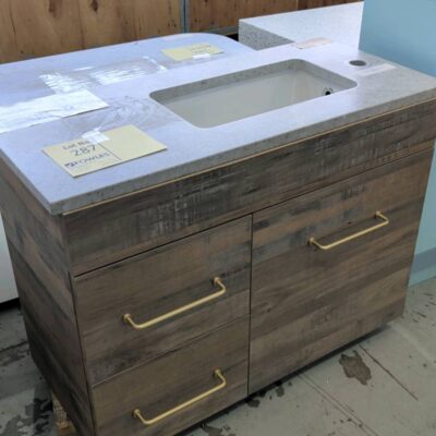 EX SHOWROOM DISPLAY - MARQUIS MARINER 750MM WALL HUNG VANITY, PLANKED TIMBER CABINET, WITH STONE TOP SOLD AS IS RRP$1719 EX SHOWROOM DISPLAY - MARQUIS MARINER 750MM WALL HUNG VANITY, PLANKED TIMBER CABINET, WITH STONE TOP SOLD AS IS RRP$1719