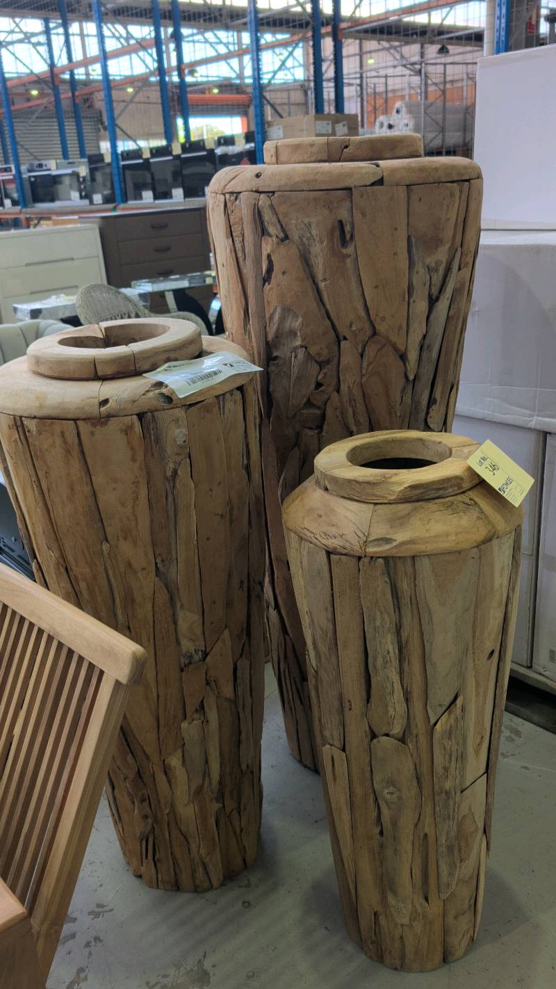 NEW DRIFTWOOD TIMBER SET OF 3 LARGE URNS, RRP$1450 NEW DRIFTWOOD TIMBER SET OF 3 LARGE URNS, RRP$1450