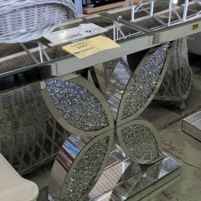EX DISPLAY - MIRROR CONSOLE TABLE WITH CRYSTAL BASE, SOLD AS IS