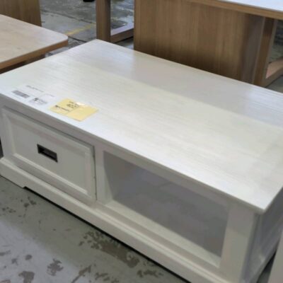 EX DISPLAY - WHITE TIMBER TV UNIT WITH DRAWER, SOLD AS IS