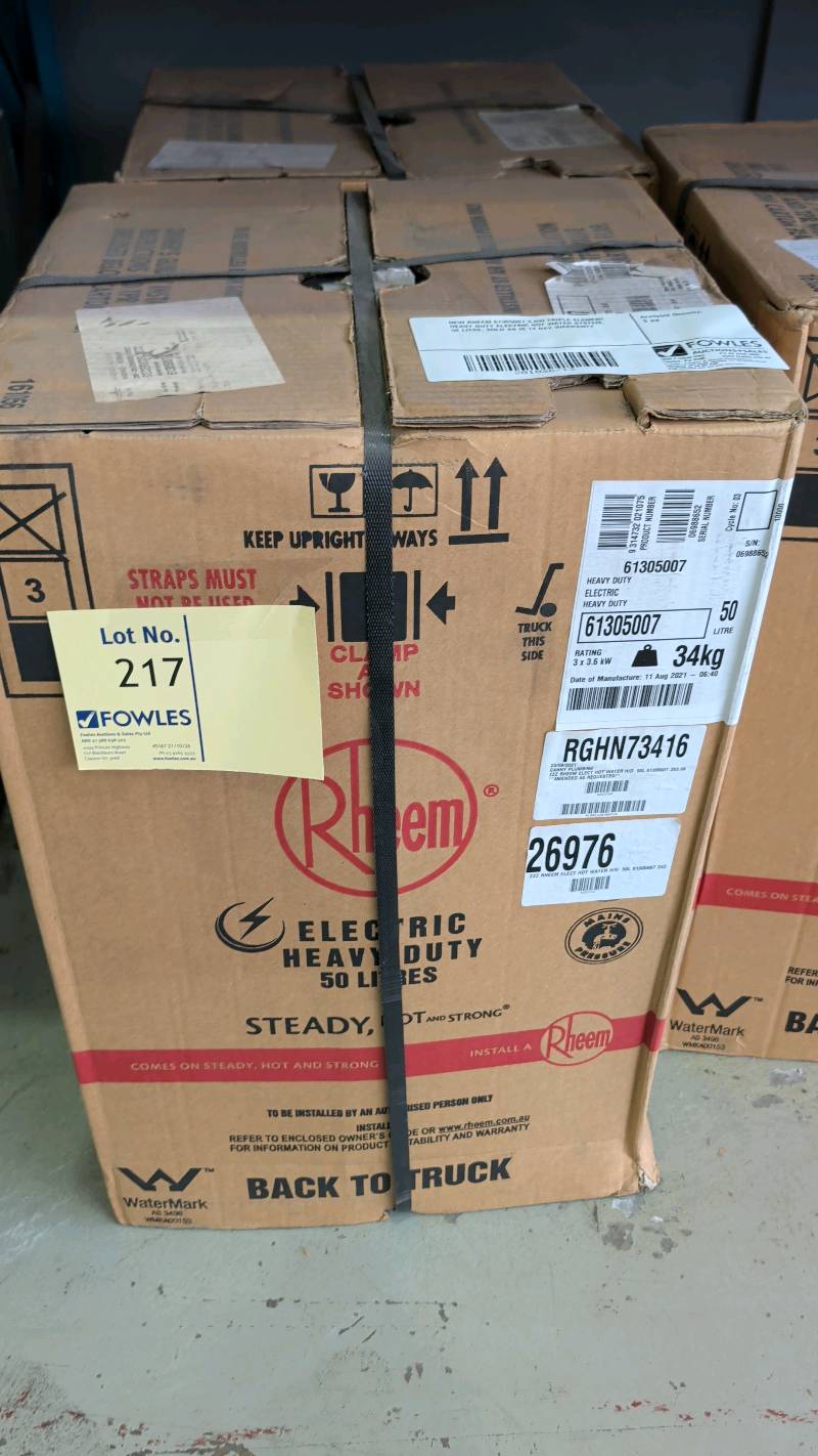 NEW RHEEM 61305007 3.6W TRIPLE ELEMENT HEAVY DUTY ELECTRIC HOT WATER SYSTEM, 50 LITRE, SOLD AS IS 14 DAY WARRANTY NEW RHEEM 61305007 3.6W TRIPLE ELEMENT HEAVY DUTY ELECTRIC HOT WATER SYSTEM, 50 LITRE, SOLD AS IS 14 DAY WARRANTY