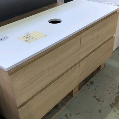 NEW PARISI 1200MM WALL HUNG OAK LAMINATE VANITY WITH WHITE STONE TOP, SOLD AS IS NEW PARISI 1200MM WALL HUNG OAK LAMINATE VANITY WITH WHITE STONE TOP, SOLD AS IS