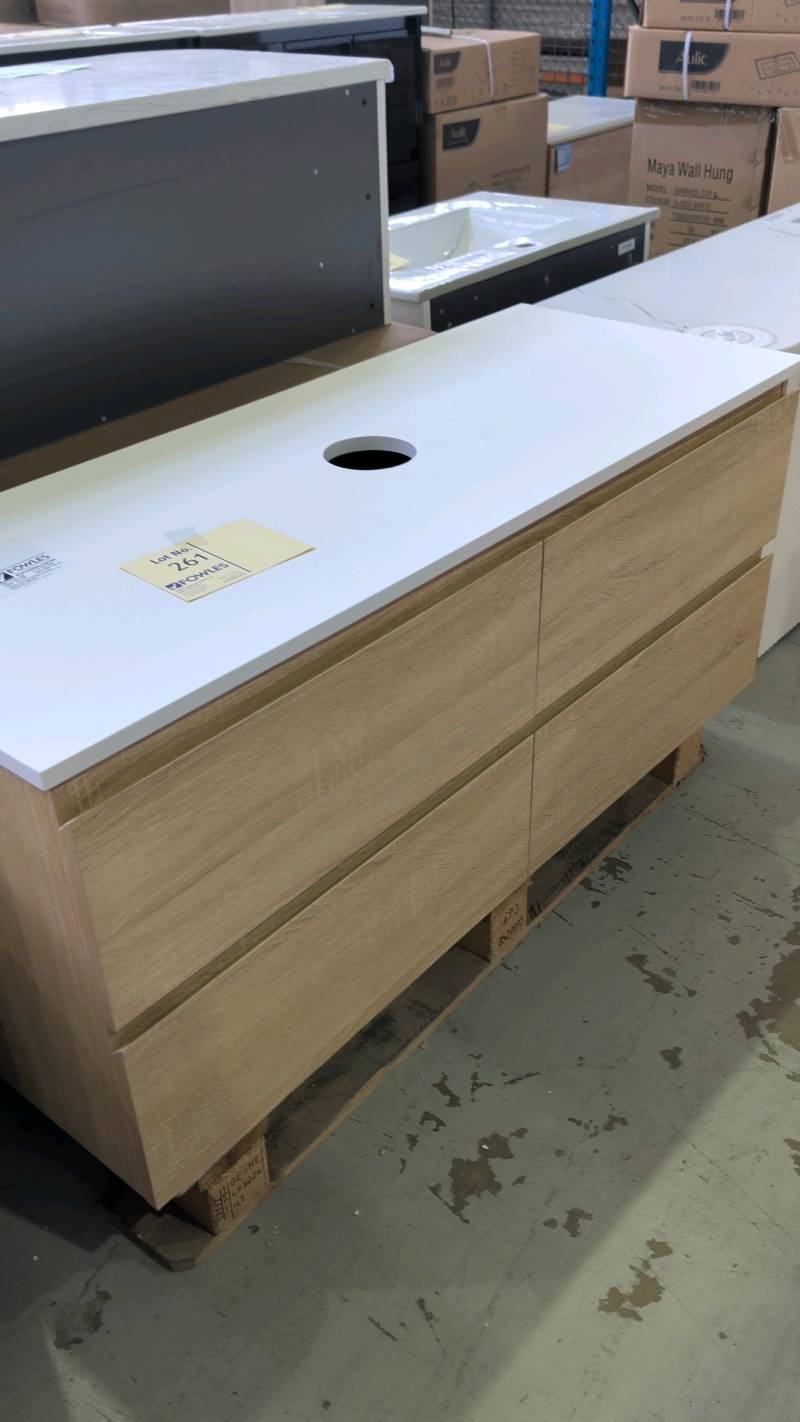 NEW PARISI 1200MM WALL HUNG OAK LAMINATE VANITY WITH WHITE STONE TOP, SOLD AS IS NEW PARISI 1200MM WALL HUNG OAK LAMINATE VANITY WITH WHITE STONE TOP, SOLD AS IS