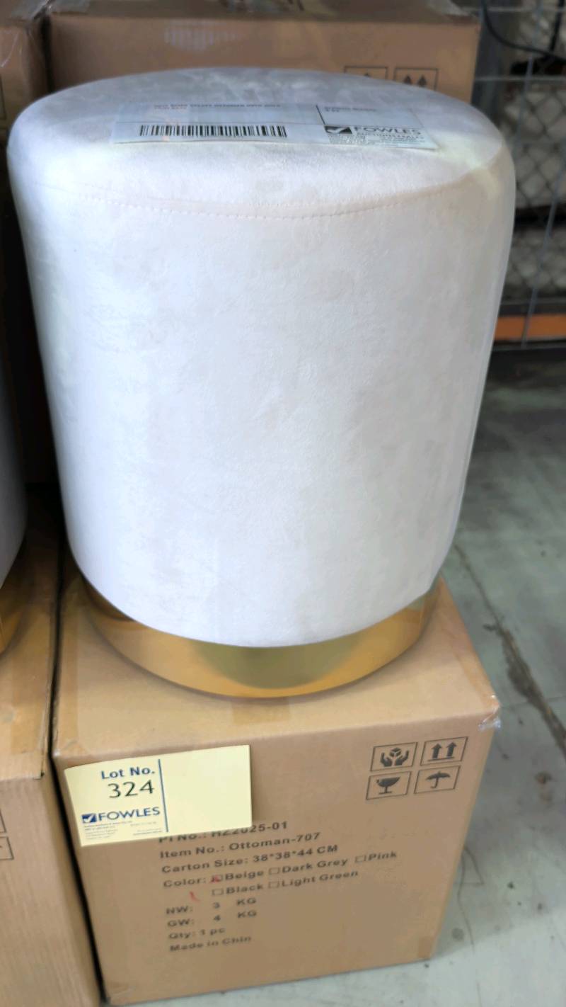 NEW BEIGE VELVET OTTOMAN WITH GOLD TRIM BASE NEW BEIGE VELVET OTTOMAN WITH GOLD TRIM BASE