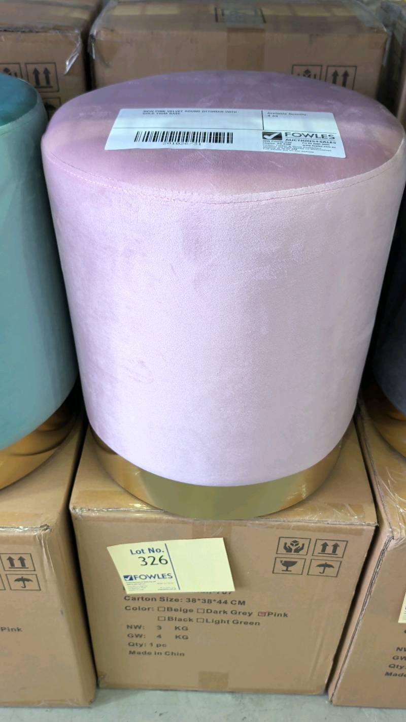 NEW PINK VELVET ROUND OTTOMAN WITH GOLD TRIM BASE NEW PINK VELVET ROUND OTTOMAN WITH GOLD TRIM BASE
