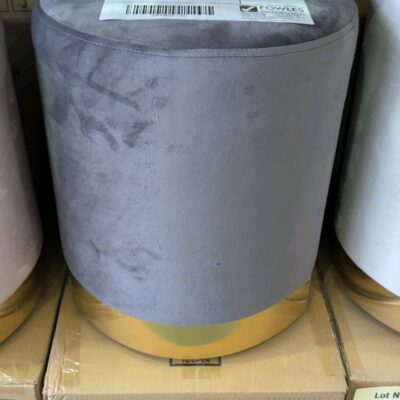 NEW GREY VELVET ROUND OTTOMAN WITH GOLD TRIM BASE NEW GREY VELVET ROUND OTTOMAN WITH GOLD TRIM BASE
