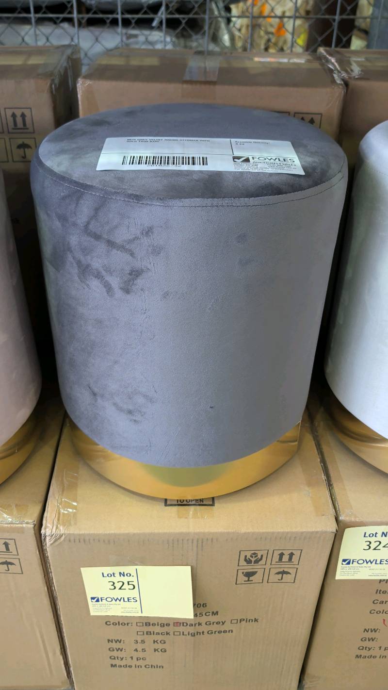 NEW GREY VELVET ROUND OTTOMAN WITH GOLD TRIM BASE NEW GREY VELVET ROUND OTTOMAN WITH GOLD TRIM BASE