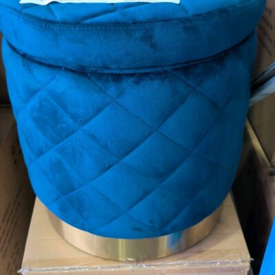 NEW NAVY QUILTED VELVET ROUND STORAGE OTTOMAN WITH GOLD TRIM BASE NEW NAVY QUILTED VELVET ROUND STORAGE OTTOMAN WITH GOLD TRIM BASE