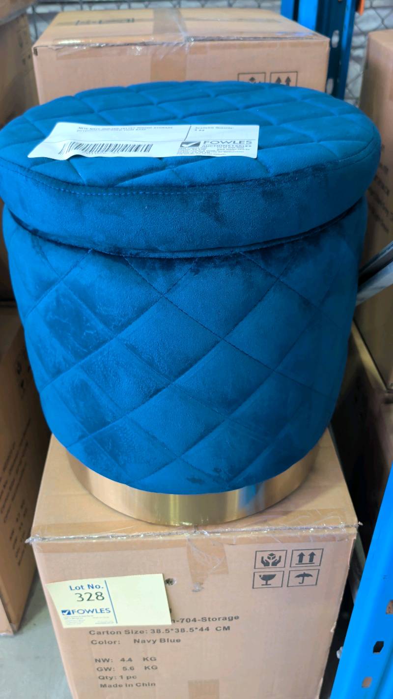 NEW NAVY QUILTED VELVET ROUND STORAGE OTTOMAN WITH GOLD TRIM BASE NEW NAVY QUILTED VELVET ROUND STORAGE OTTOMAN WITH GOLD TRIM BASE