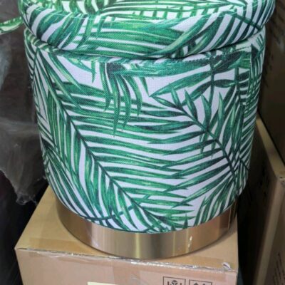 NEW GREEN LEAVES ROUND STORAGE OTTOMAN WITH GOLD TRIM BASE NEW GREEN LEAVES ROUND STORAGE OTTOMAN WITH GOLD TRIM BASE