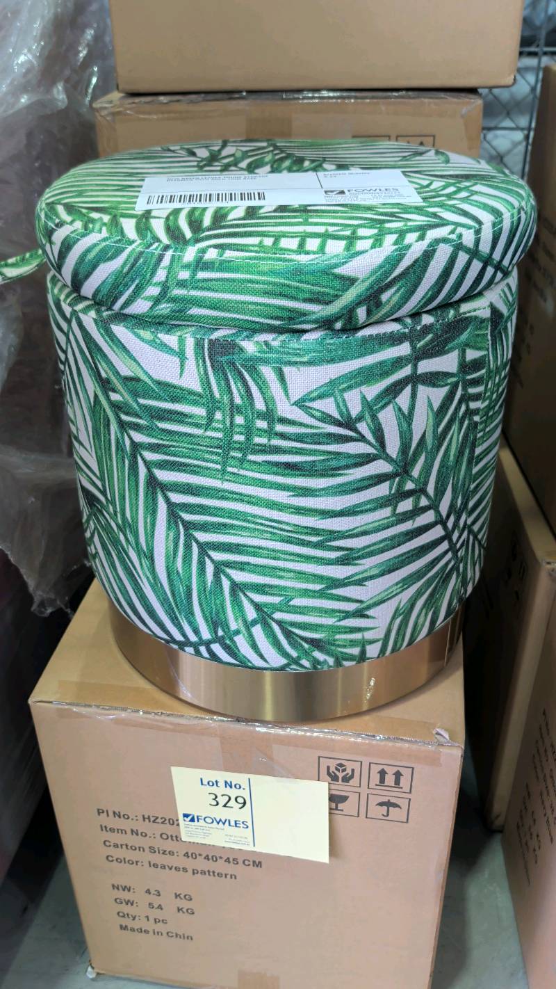 NEW GREEN LEAVES ROUND STORAGE OTTOMAN WITH GOLD TRIM BASE NEW GREEN LEAVES ROUND STORAGE OTTOMAN WITH GOLD TRIM BASE