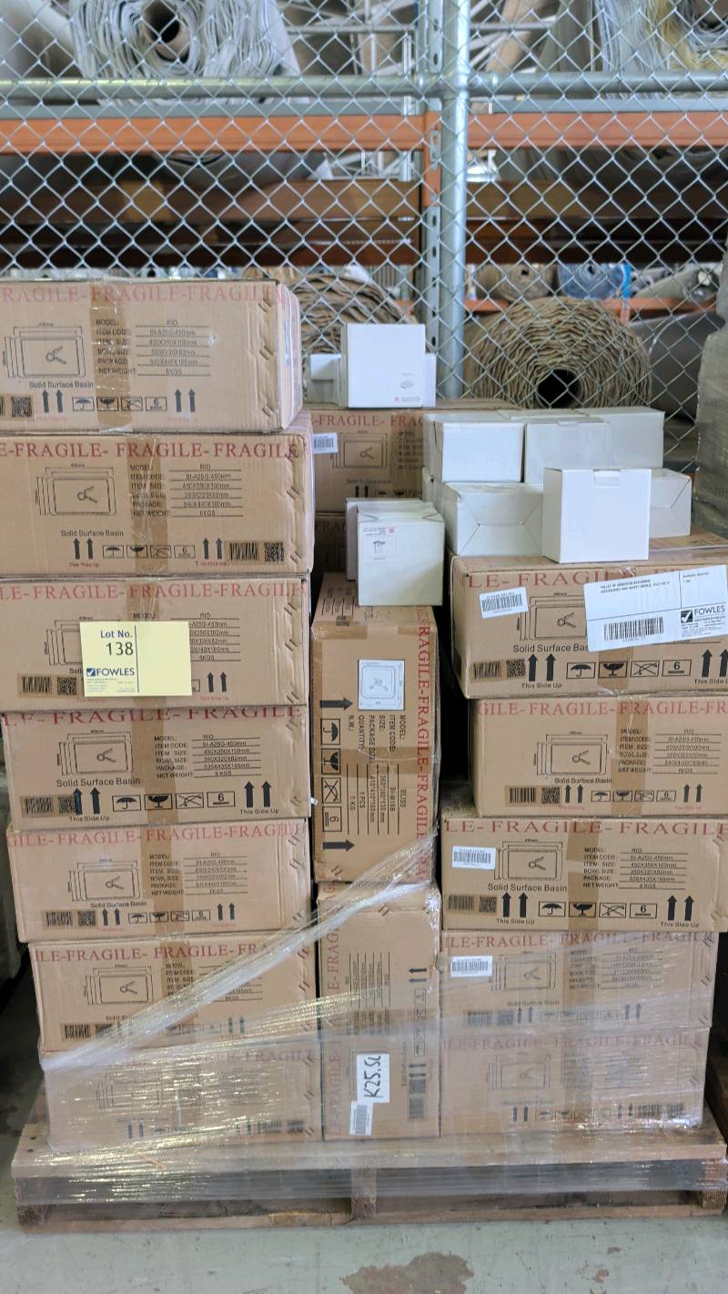 PALLET OF ASSORTED BATHROOM ACCESSORIES AND VANITY BOWLS, SOLD AS IS PALLET OF ASSORTED BATHROOM ACCESSORIES AND VANITY BOWLS, SOLD AS IS