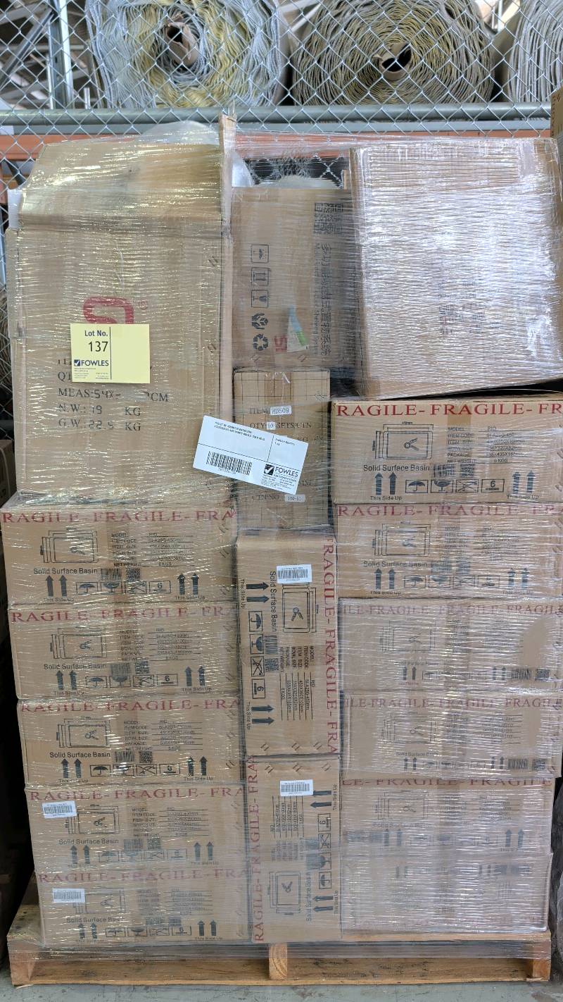 PALLET OF ASSORTED BATHROOM ACCESSORIES AND VANITY BOWLS, SOLD AS IS PALLET OF ASSORTED BATHROOM ACCESSORIES AND VANITY BOWLS, SOLD AS IS