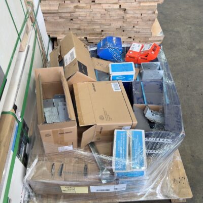 PALLET OF ASSORTED HARDWARE ITEMS INCLUDING STEEL BRACKETS ETC SOLD AS IS