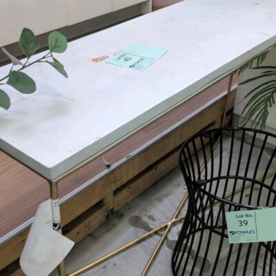 EX STAGING - GOLD METAL FRAMED HALL TABLE WITH WHITE TIMBER TOP, SOME MARKS, SOLD AS IS EX STAGING - GOLD METAL FRAMED HALL TABLE WITH WHITE TIMBER TOP, SOME MARKS, SOLD AS IS