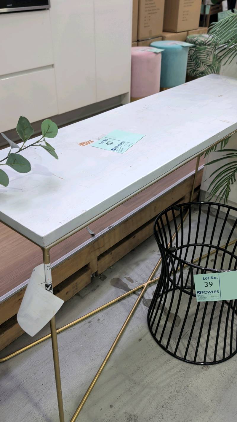 EX STAGING - GOLD METAL FRAMED HALL TABLE WITH WHITE TIMBER TOP, SOME MARKS, SOLD AS IS EX STAGING - GOLD METAL FRAMED HALL TABLE WITH WHITE TIMBER TOP, SOME MARKS, SOLD AS IS
