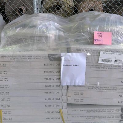PALLET WITH QTY 56, NEW S/STEEL LAUNDRY SINK CAL-TM3-45SSP, SOLD AS IS PALLET WITH QTY 56, NEW S/STEEL LAUNDRY SINK CAL-TM3-45SSP, SOLD AS IS