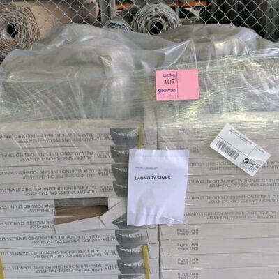 PALLET WITH QTY 56, NEW S/STEEL LAUNDRY SINK CAL-TM3-45SSP, SOLD AS IS PALLET WITH QTY 56, NEW S/STEEL LAUNDRY SINK CAL-TM3-45SSP, SOLD AS IS