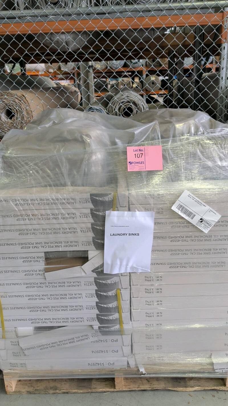 PALLET WITH QTY 56, NEW S/STEEL LAUNDRY SINK CAL-TM3-45SSP, SOLD AS IS PALLET WITH QTY 56, NEW S/STEEL LAUNDRY SINK CAL-TM3-45SSP, SOLD AS IS