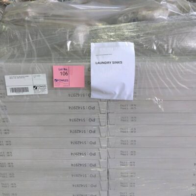 PALLET WITH QTY 56, NEW S/STEEL LAUNDRY SINK CAL-TM3-45SSP, SOLD AS IS PALLET WITH QTY 56, NEW S/STEEL LAUNDRY SINK CAL-TM3-45SSP, SOLD AS IS