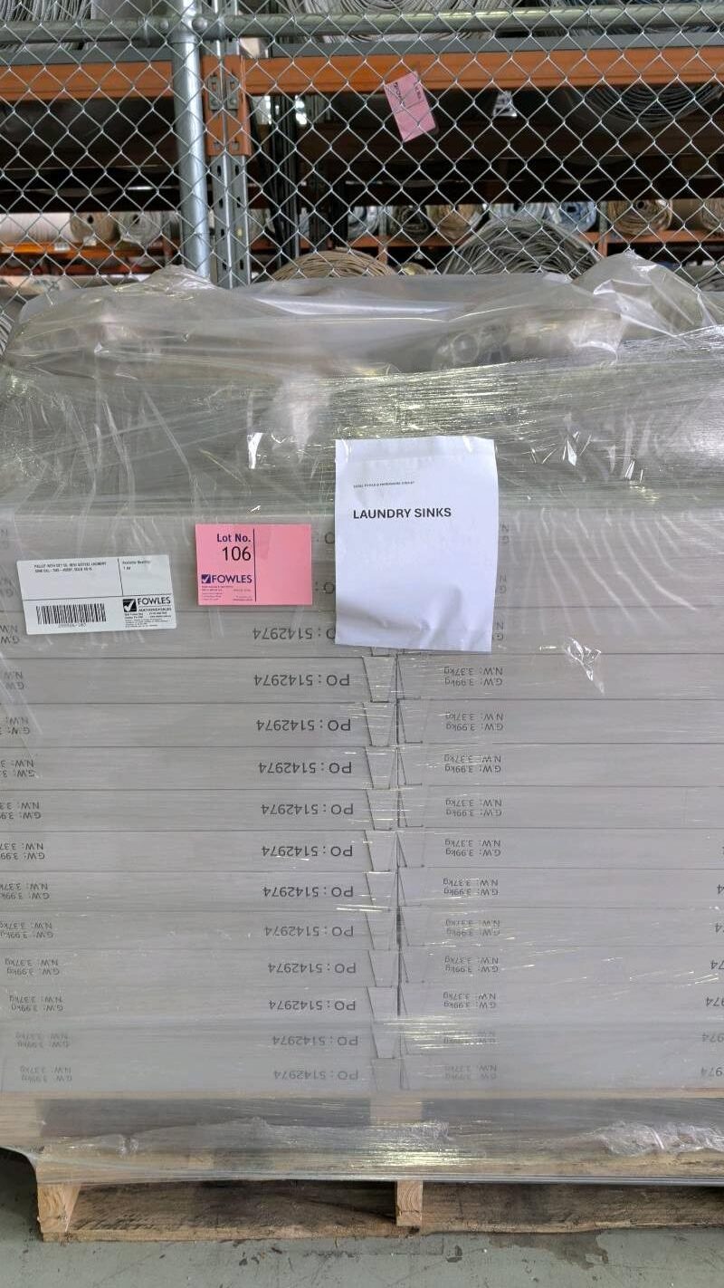 PALLET WITH QTY 56, NEW S/STEEL LAUNDRY SINK CAL-TM3-45SSP, SOLD AS IS PALLET WITH QTY 56, NEW S/STEEL LAUNDRY SINK CAL-TM3-45SSP, SOLD AS IS