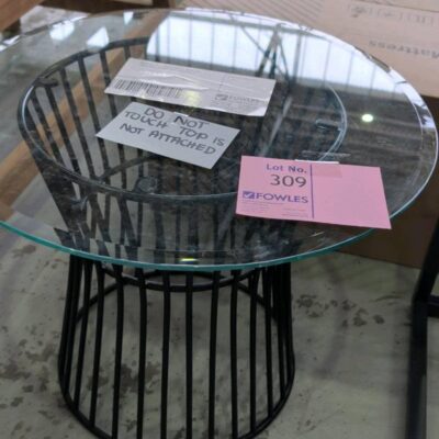 EX STAGING - BLACK METAL WIRE SIDE TABLE WITH GLASS TOP, SOLD AS IS EX STAGING - BLACK METAL WIRE SIDE TABLE WITH GLASS TOP, SOLD AS IS
