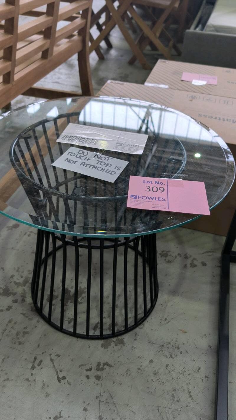 EX STAGING - BLACK METAL WIRE SIDE TABLE WITH GLASS TOP, SOLD AS IS EX STAGING - BLACK METAL WIRE SIDE TABLE WITH GLASS TOP, SOLD AS IS