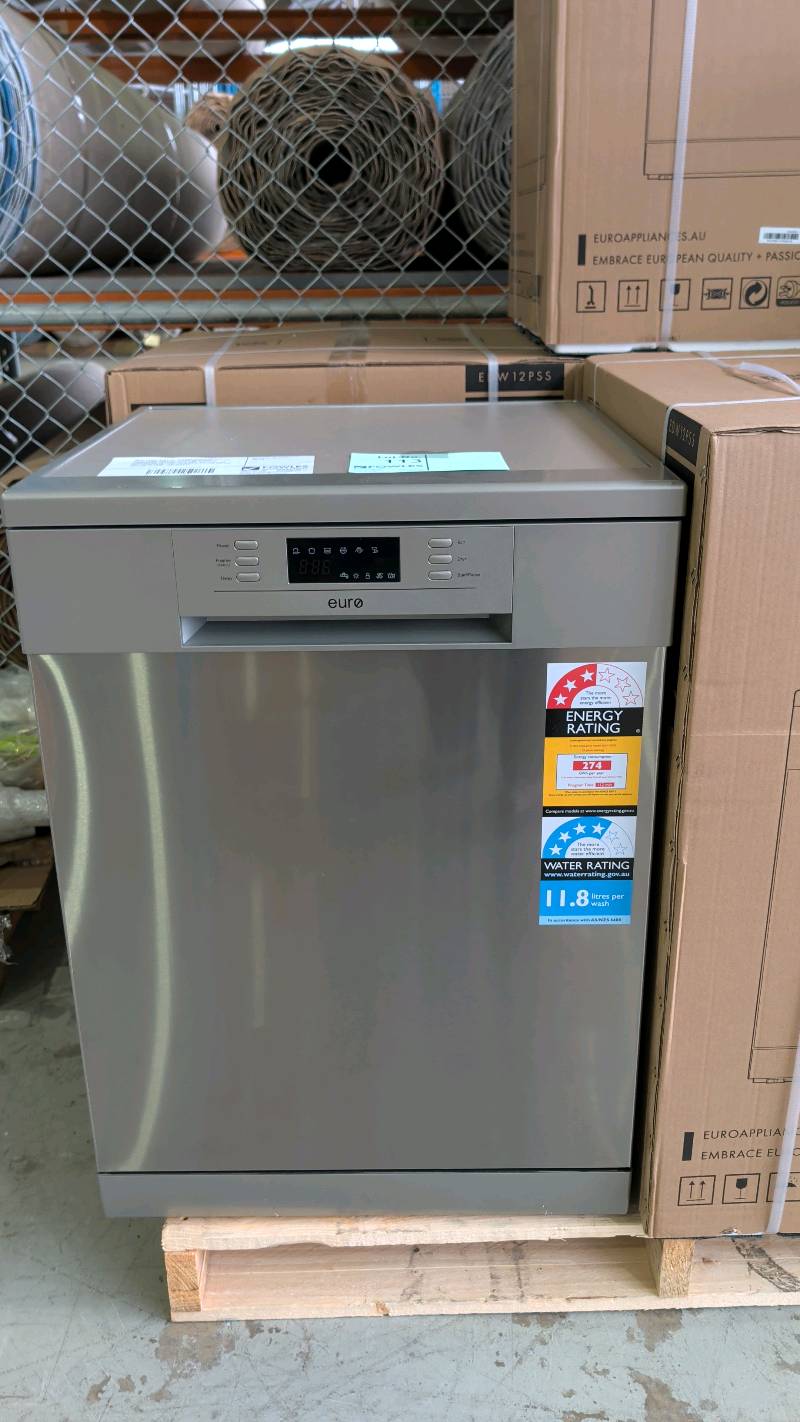 NEW EURO S/STEEL 600MM DISHWASHER EDW12PSS WITH 12 PLACE SETTINGS, 6 WASH PROGRAMS, ADJUSTABLE TOP BASKET, CONCEALED HEATING ELEMENT WITH EXTRA DRY FUNCTION, LED DISPLAY 4.5 STAR WATER RATING, 2 YEAR WARRANTY NEW EURO S/STEEL 600MM DISHWASHER EDW12PSS WITH 12 PLACE SETTINGS, 6 WASH PROGRAMS, ADJUSTABLE TOP BASKET, CONCEALED HEATING ELEMENT WITH EXTRA DRY FUNCTION, LED DISPLAY 4.5 STAR WATER RATING, 2 YEAR WARRANTY