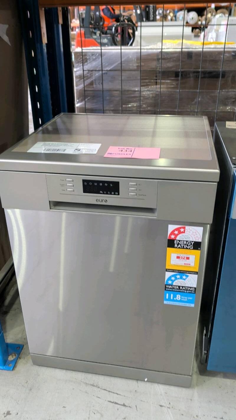 NEW EURO S/STEEL 600MM DISHWASHER EDW12PSS WITH 12 PLACE SETTINGS, 6 WASH PROGRAMS, ADJUSTABLE TOP BASKET, CONCEALED HEATING ELEMENT WITH EXTRA DRY FUNCTION, LED DISPLAY 4.5 STAR WATER RATING, 2 YEAR WARRANTY NEW EURO S/STEEL 600MM DISHWASHER EDW12PSS WITH 12 PLACE SETTINGS, 6 WASH PROGRAMS, ADJUSTABLE TOP BASKET, CONCEALED HEATING ELEMENT WITH EXTRA DRY FUNCTION, LED DISPLAY 4.5 STAR WATER RATING, 2 YEAR WARRANTY