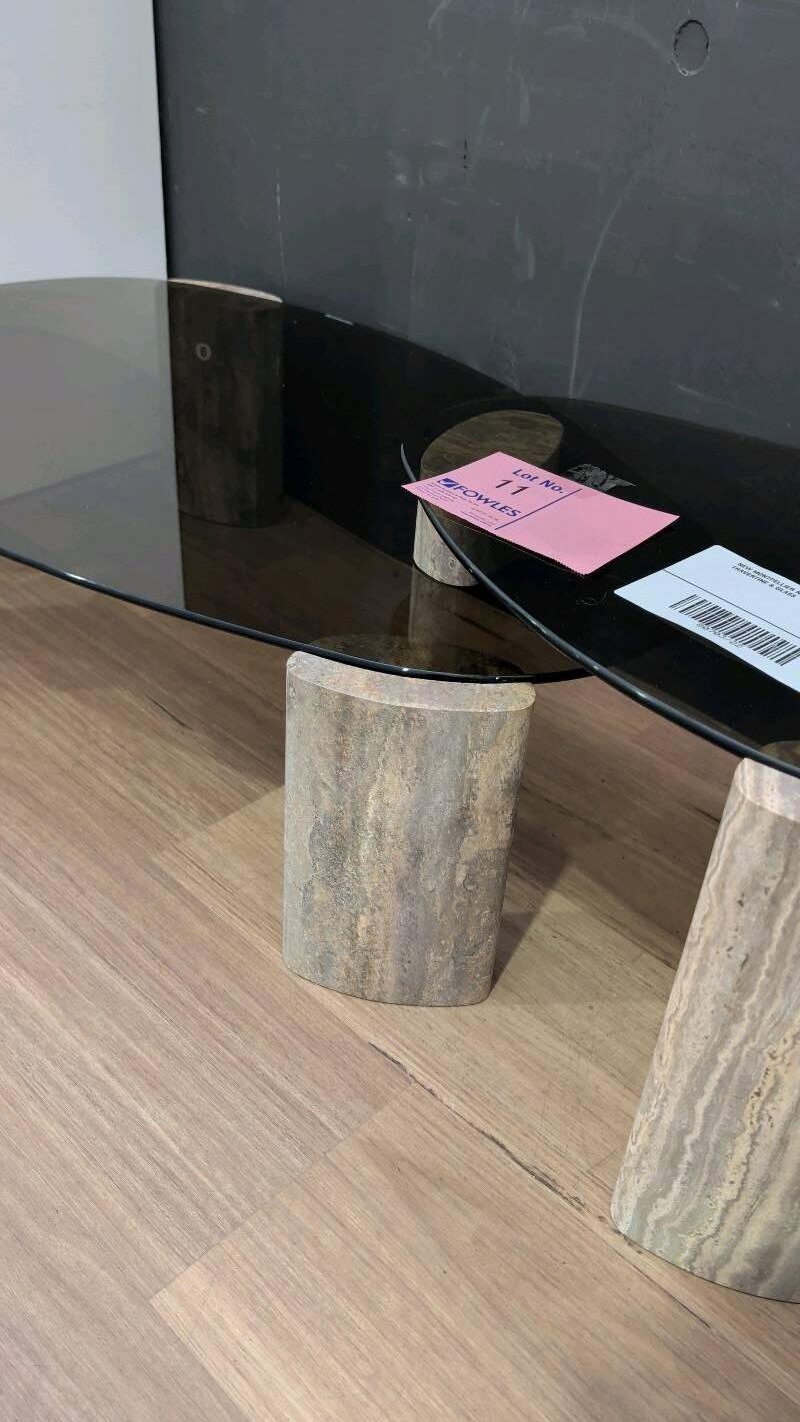 NEW MONTPELLIER NESTING TABLES, SILVER TRAVERTINE & GLASS NEW MONTPELLIER NESTING TABLES, SILVER TRAVERTINE & GLASS