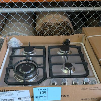 NEW MILANO 600MM S/STEEL GAS COOKTOP, 4 BURNER WITH WOK, CAST IRON TRIVETS, FLAME FAILURE SAFETY, COMES WITH LPG CONVERSION KIT, FRONT CONTROLS WITH 12 MONTH WARRANTY, MODEL HZCG4WC2 539.40.501 NEW MILANO 600MM S/STEEL GAS COOKTOP, 4 BURNER WITH WOK, CAST IRON TRIVETS, FLAME FAILURE SAFETY, COMES WITH LPG CONVERSION KIT, FRONT CONTROLS WITH 12 MONTH WARRANTY, MODEL HZCG4WC2 539.40.501
