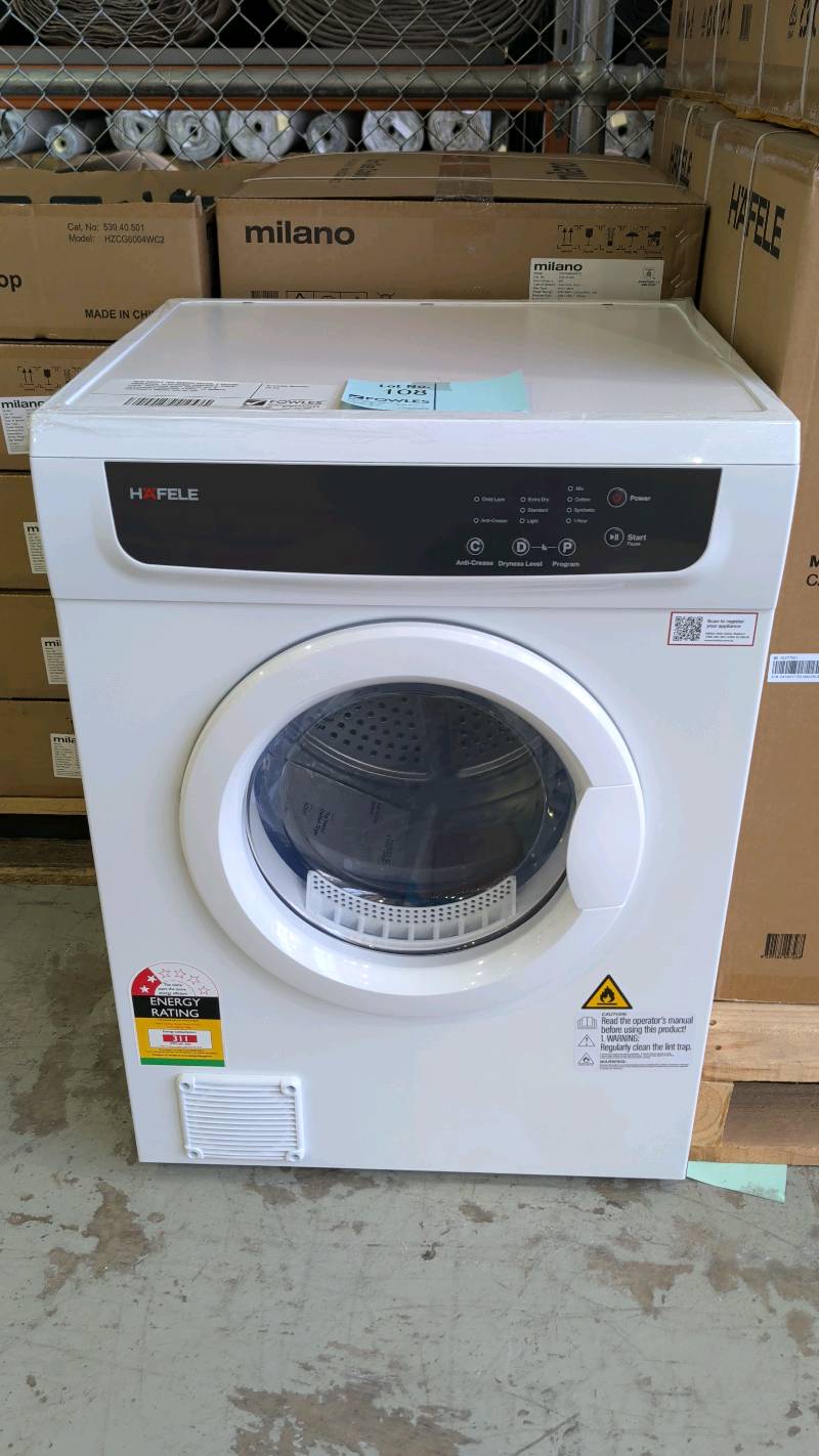 NEW HAFELE 7KG VENTED DRYER, 4 DRYING PROGRAMS, ELECTRONIC CONTROLS, CHILD LOCK, INCLUDES WALL MOUNT KIT & REVERSIBLE CONTROL PANEL, 12 MONTH WARRANTY MODEL 539.90.550 NEW HAFELE 7KG VENTED DRYER, 4 DRYING PROGRAMS, ELECTRONIC CONTROLS, CHILD LOCK, INCLUDES WALL MOUNT KIT & REVERSIBLE CONTROL PANEL, 12 MONTH WARRANTY MODEL 539.90.550