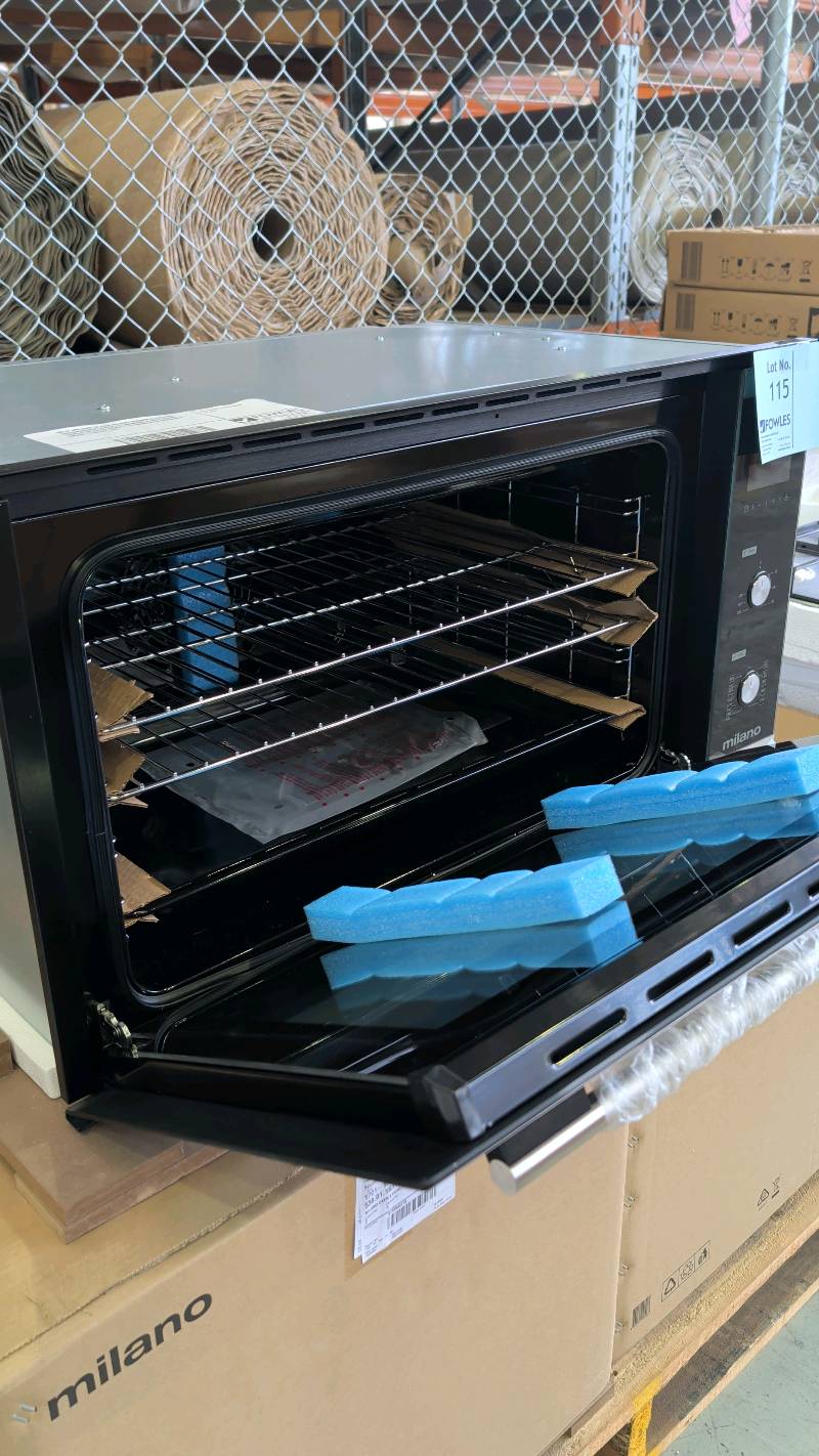 NEW MILANO BLACK GLASS 900MM ELECTRIC UNDERBENCH OVEN, 9 COOKING FUNCTIONS, TRIPLE GLAZED DOOR, 12 MONTH WARRANTY MODEL 538.01.183 NEW MILANO BLACK GLASS 900MM ELECTRIC UNDERBENCH OVEN, 9 COOKING FUNCTIONS, TRIPLE GLAZED DOOR, 12 MONTH WARRANTY MODEL 538.01.183