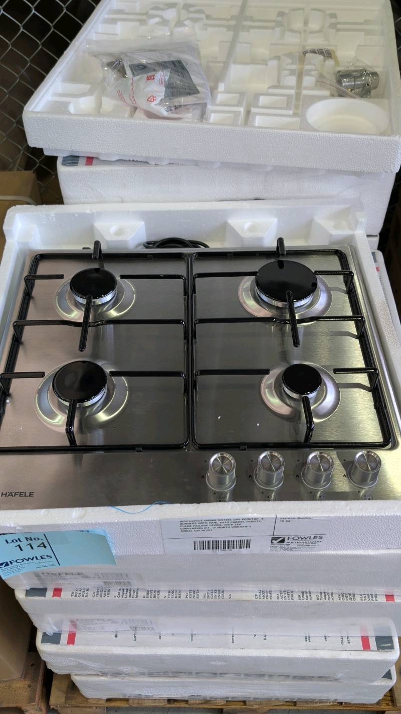 NEW HAFELE 600MM S/STEEL GAS COOKTOP, 4 BURNERS WITH WOK, WITH ENAMEL TRIVETS, FLAME FAILURE DEVICE, WITH LPG CONVERSION KIT, 12 MONTH WARRANTY MODEL 539.40.001 NEW HAFELE 600MM S/STEEL GAS COOKTOP, 4 BURNERS WITH WOK, WITH ENAMEL TRIVETS, FLAME FAILURE DEVICE, WITH LPG CONVERSION KIT, 12 MONTH WARRANTY MODEL 539.40.001