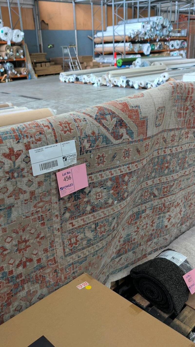 EX STAGING RUG - CREAM & LIGHT BLUE 3M X 4M SOLD AS IS EX STAGING RUG - CREAM & LIGHT BLUE 3M X 4M SOLD AS IS