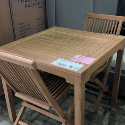 NEW PLANTATION TEAK 3 PIECE GARDEN DINING SETTING, SQUARE TABLE 800MM WITH 2 FOLDING CHAIRS RRP$695 NEW PLANTATION TEAK 3 PIECE GARDEN DINING SETTING, SQUARE TABLE 800MM WITH 2 FOLDING CHAIRS RRP$695