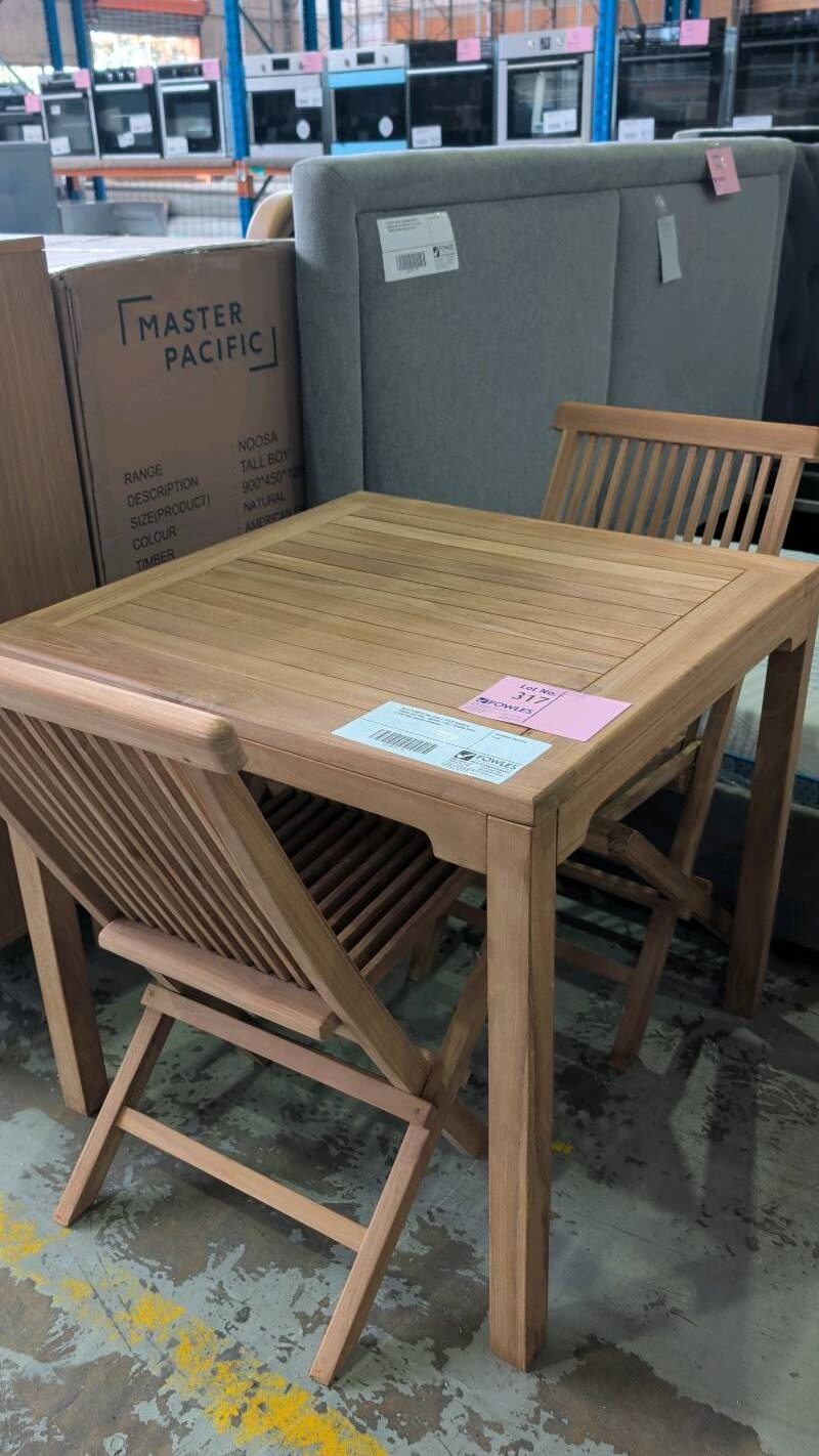 NEW PLANTATION TEAK 3 PIECE GARDEN DINING SETTING, SQUARE TABLE 800MM WITH 2 FOLDING CHAIRS RRP$695 NEW PLANTATION TEAK 3 PIECE GARDEN DINING SETTING, SQUARE TABLE 800MM WITH 2 FOLDING CHAIRS RRP$695