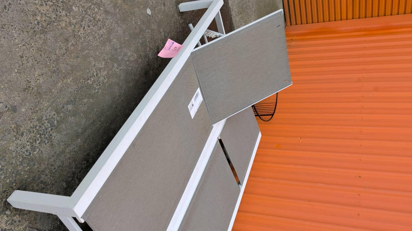 EX STAGING - WHITE FRAMED SUNLOUNGER, TAUPE MATERIAL SOLD AS IS EX STAGING - WHITE FRAMED SUNLOUNGER, TAUPE MATERIAL SOLD AS IS