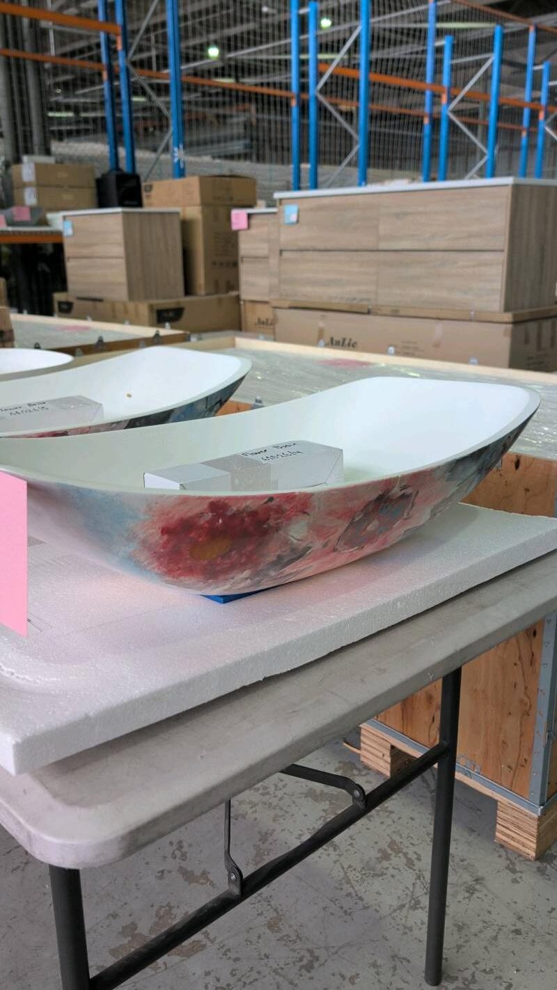 NEW SOLID SURFACE HAMMOCK BASIN, FLOWER HANDPAINTED EXTERIOR HB660F NEW SOLID SURFACE HAMMOCK BASIN, FLOWER HANDPAINTED EXTERIOR HB660F