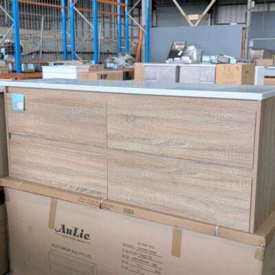 NEW LEO 1500MM SINGLE BOWL WALL HUNG VANITY, TIMBER LOOK FINISH WITH PURE FLAT STONE TOP RRP$2323 CAWH04-1500S-ST56FT NEW LEO 1500MM SINGLE BOWL WALL HUNG VANITY, TIMBER LOOK FINISH WITH PURE FLAT STONE TOP RRP$2323 CAWH04-1500S-ST56FT