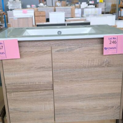 NEW GRACE 750MM WALL HUNG VANITY, OAK FINISH WITH LEFT HAND DRAWERS, WITH CRYSTAL WHITE CERAMIC TOP RRP$879 NEW GRACE 750MM WALL HUNG VANITY, OAK FINISH WITH LEFT HAND DRAWERS, WITH CRYSTAL WHITE CERAMIC TOP RRP$879